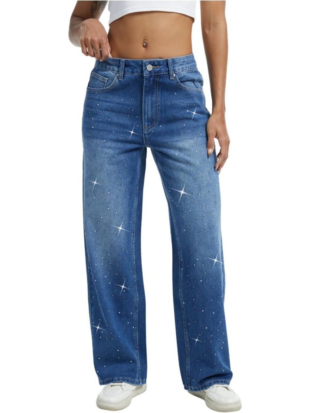 Sparkling Rhinestone Wide Leg Jeans - Vintage Wash Baggy Denim for Parties
